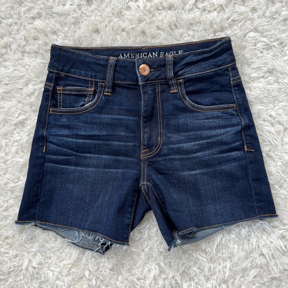 American‎ Eagle Outfitters Hi Rise Denim Shorts Blue Distressed Hem Size 0 EUC - Picture 1 of 6
